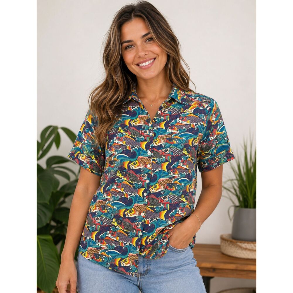 WeSC Men's M Women’s Large SS Oden Koi AOP Japanese Pattern Multicolor Shirt New